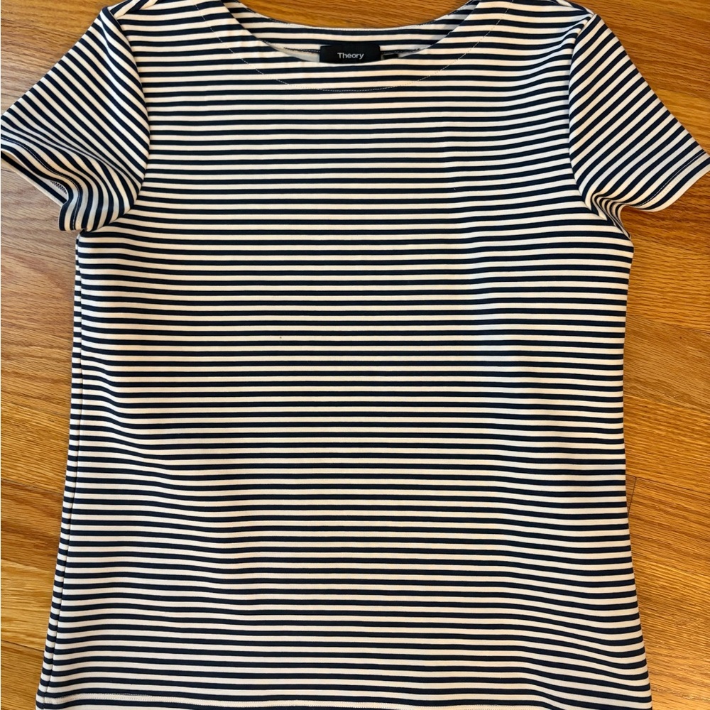 Theory Navy and White Striped Short Sleeve Tee